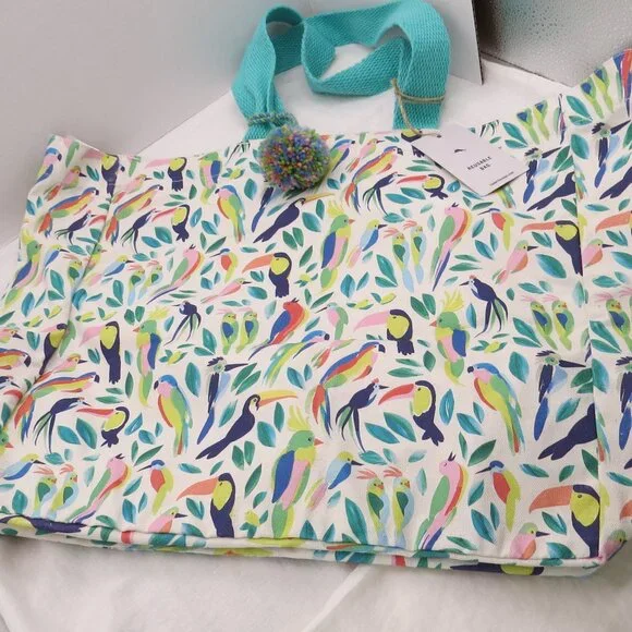 NEW Tommy Bahama Colorful Birds Tropical Toucan Reusable Large Tote Bag Cotton - Picture 4 of 9